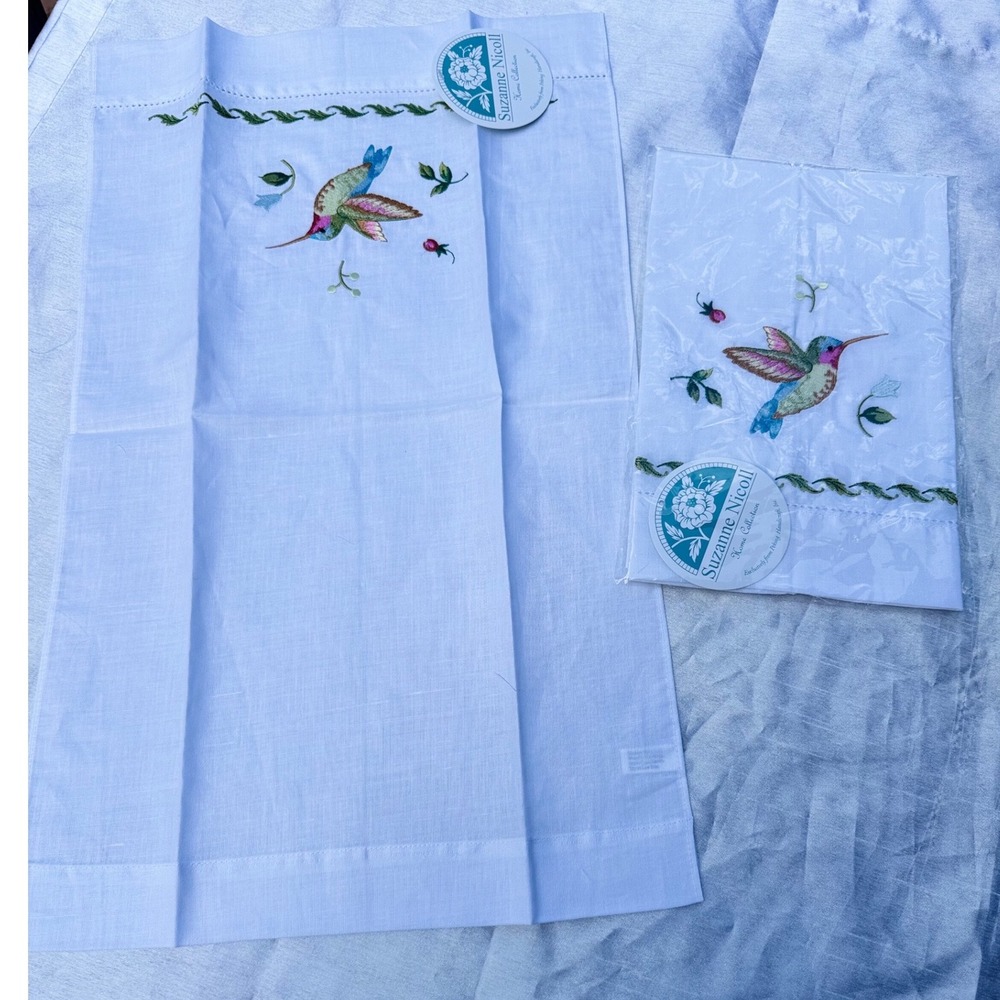 Suzanne Nicoll Hummingbird Embroidered Guest Towels Set of‎ 2 Linen Cotton White - Picture 2 of 11